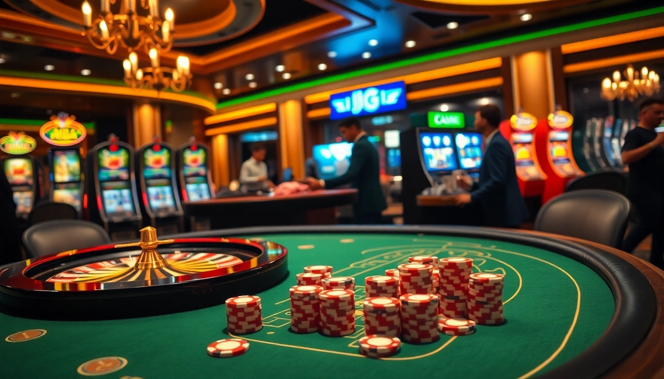 A lively casino scene with players enjoying games and sipping kjc coffee at a luxurious poker table, highlighting excitement and professionalism.
