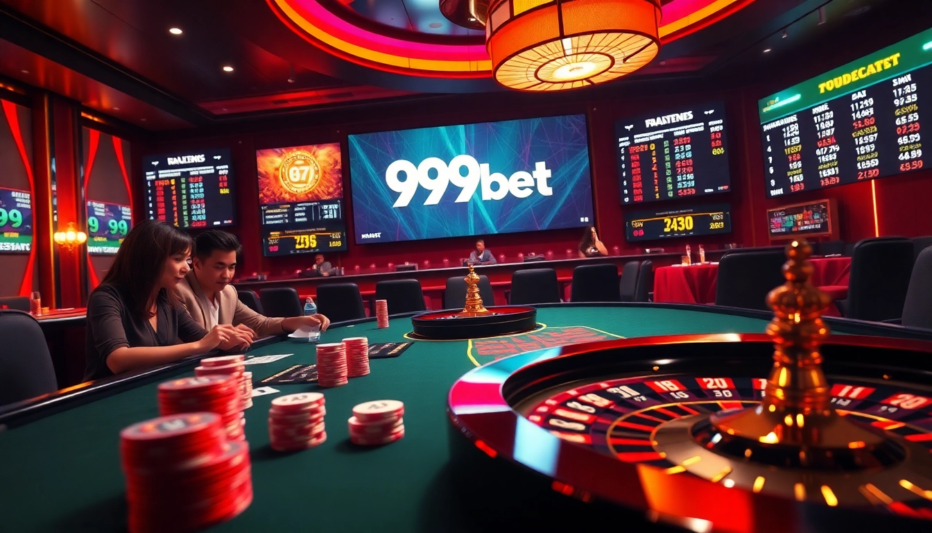Experience high-stakes excitement at 999bet's luxurious casino with poker players and roulette wheel.