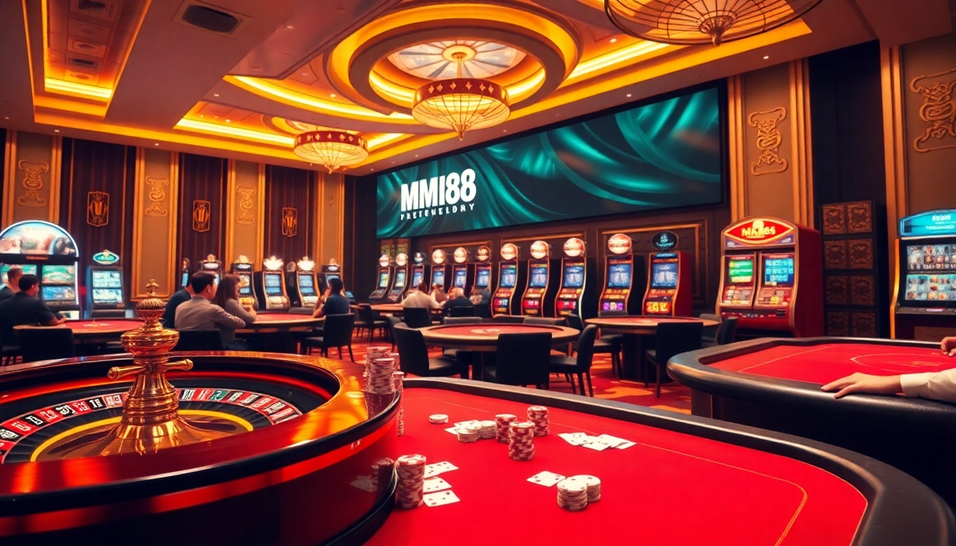 Engaging scene showcasing MM88 online casino excitement with poker, roulette, and slot machines.