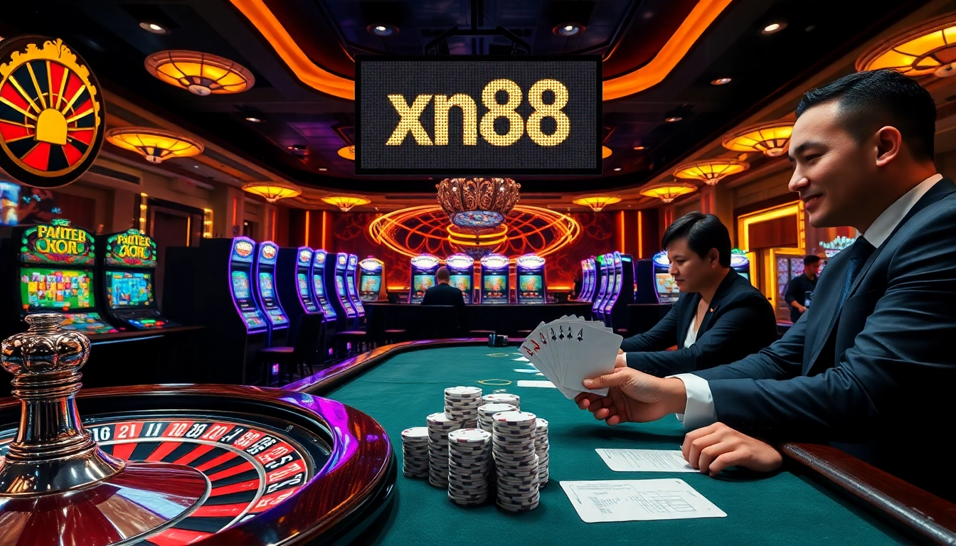 Players enjoying a thrilling game of poker at xn88 featuring colorful chips and an elegant atmosphere.