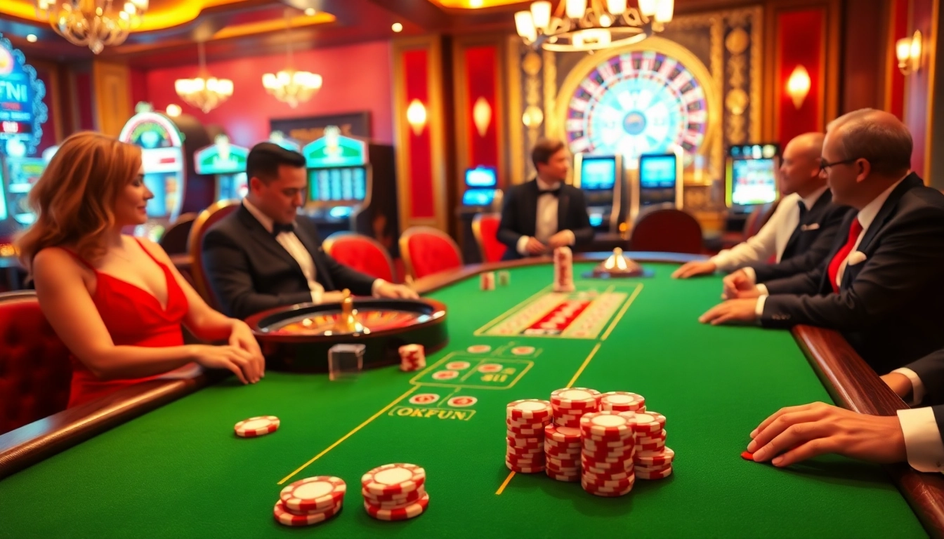 Elite players enjoying a game at OKFUN's luxury casino table surrounded by vibrant slot machines.