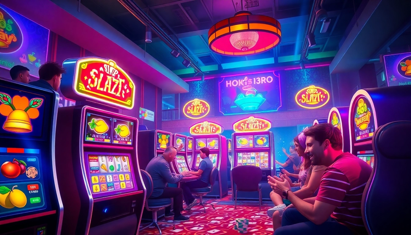 Exciting Hoki138 Pro online slot gaming environment with vibrant machines and joyful players.