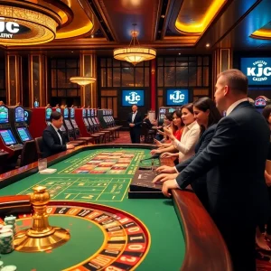 KJC casino scene featuring luxury tables, vibrant chips, engaging players in a thrilling gaming atmosphere.