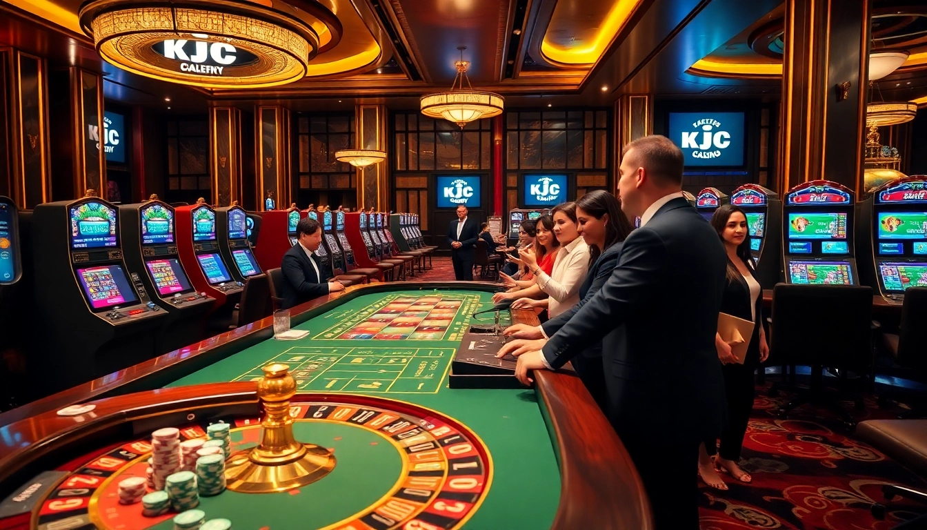 KJC casino scene featuring luxury tables, vibrant chips, engaging players in a thrilling gaming atmosphere.