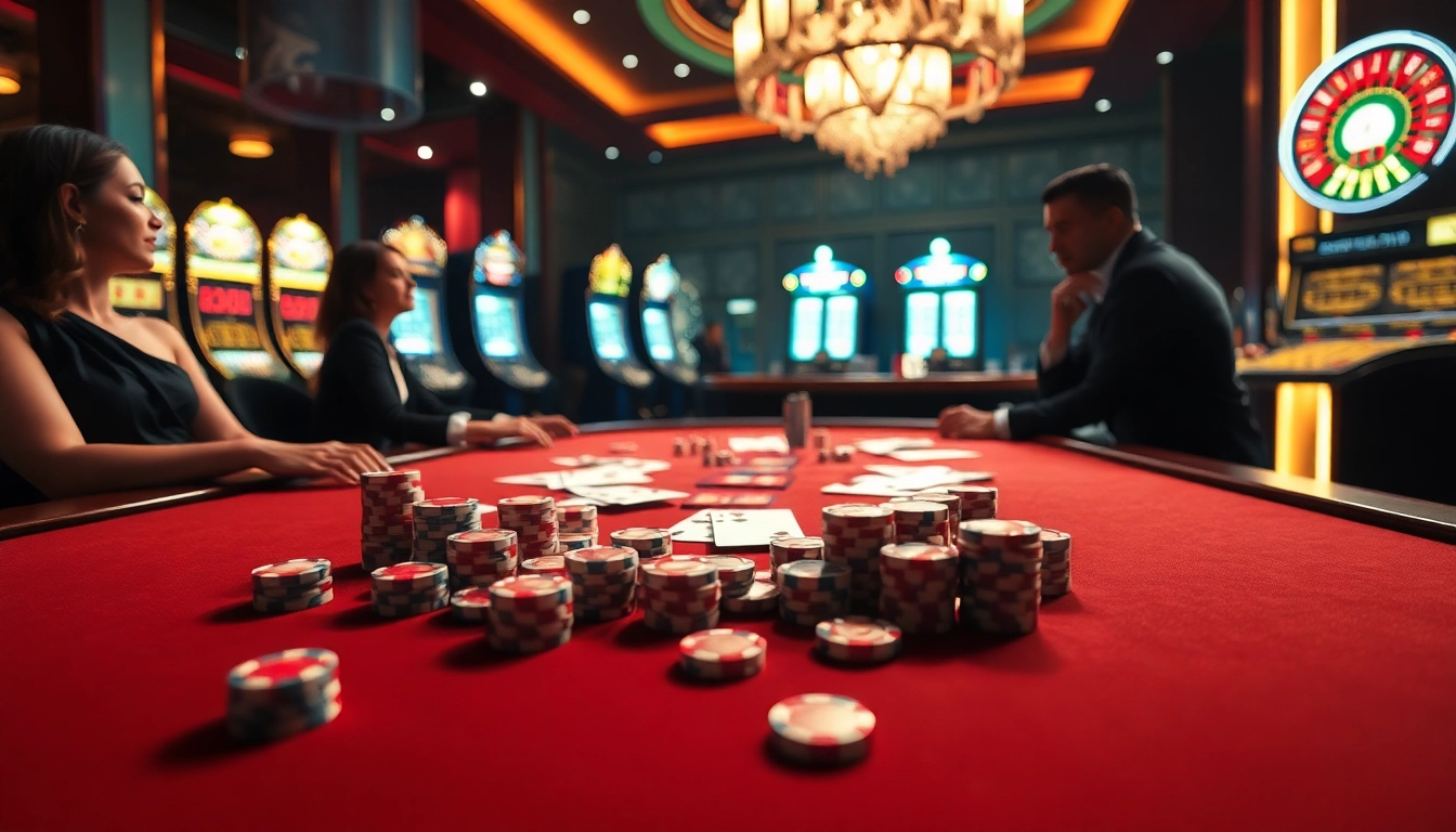 Experience the thrill of gambling at แบรนด์ F168 with luxurious casino tables and excited players.