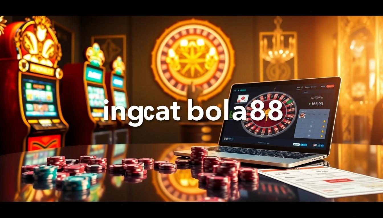 Engage with ingat bola88 at a luxurious online casino featuring vibrant slot machines and poker chips.