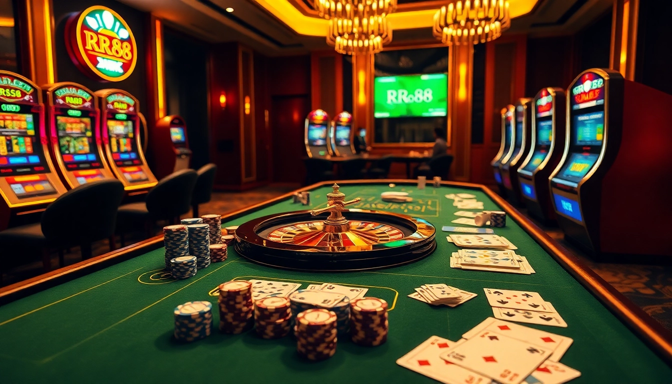 RR88 online gambling scene featuring poker chips and a roulette wheel in a luxurious casino setting.