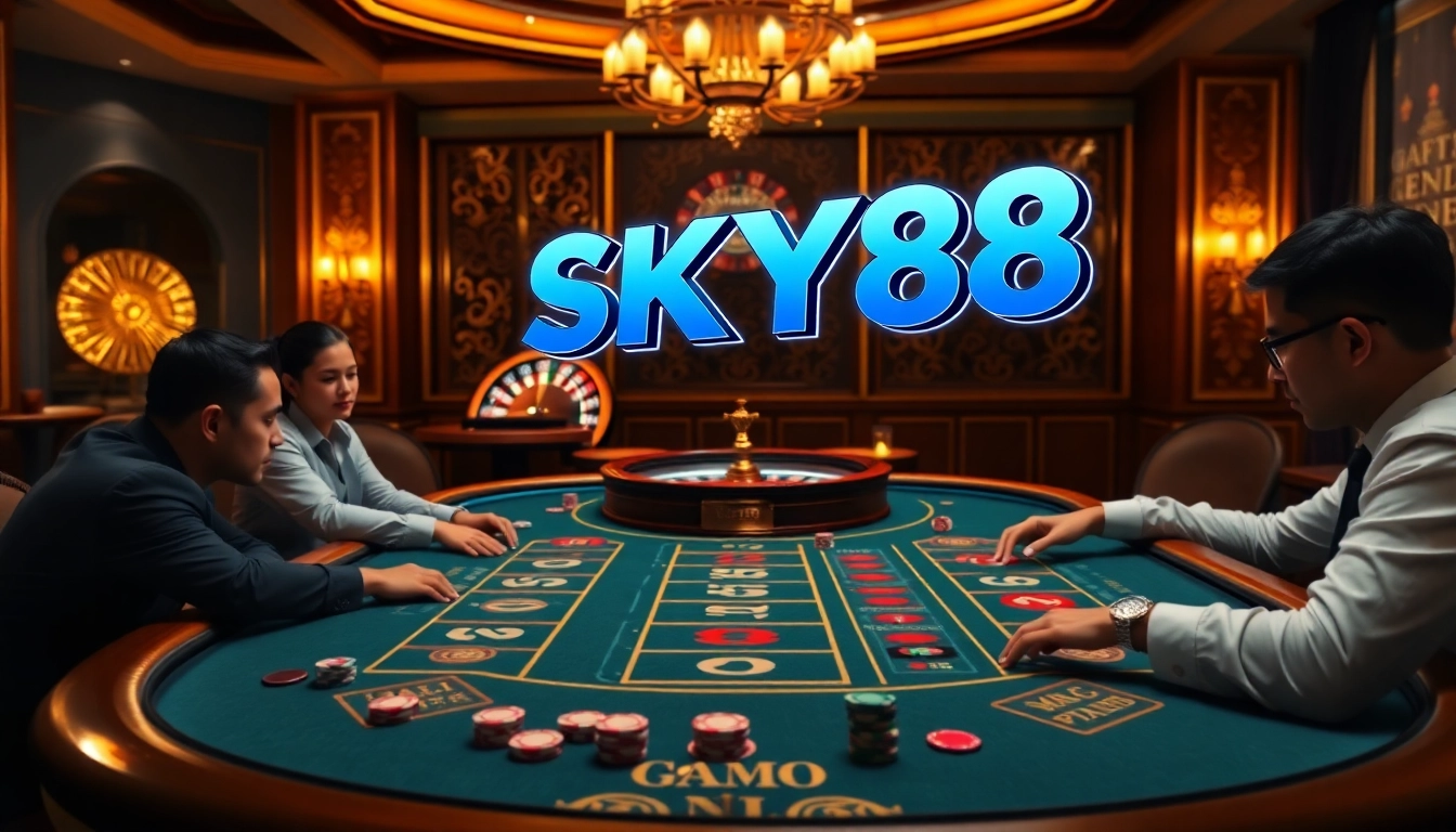 Players engaging at the SKY88 baccarat table in a luxurious casino setting.