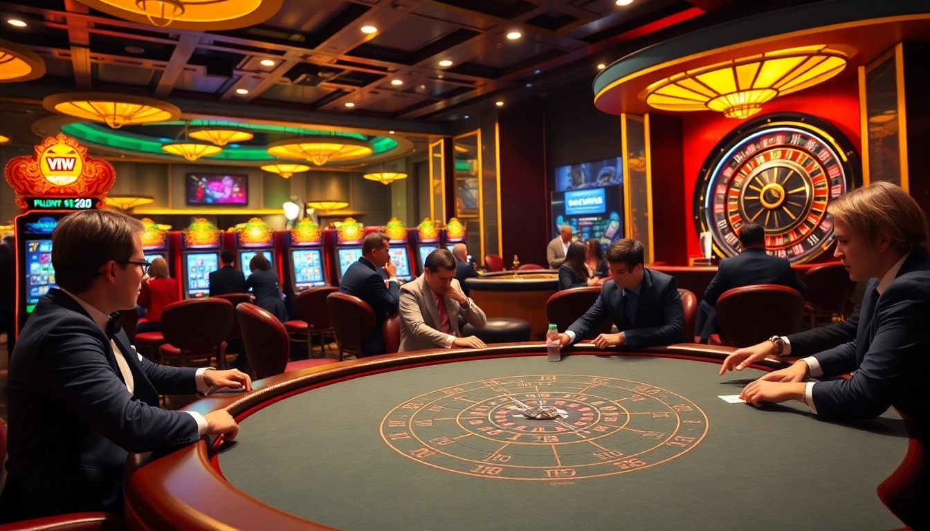 Players enjoying a thrilling poker game at VIPWIN's luxurious casino table, showcasing an exciting gambling experience.