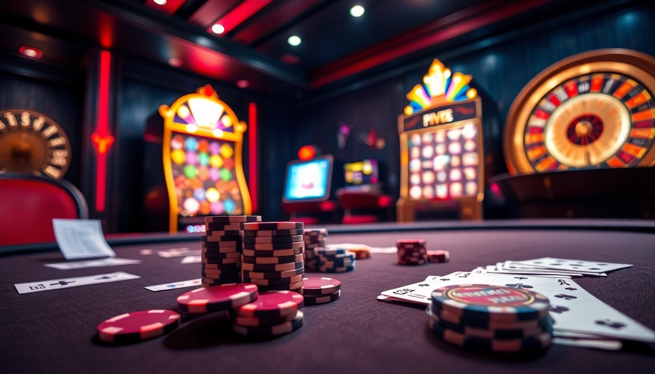 Exciting poker action at FIVE88 casino with vibrant chips and high-stakes cards.