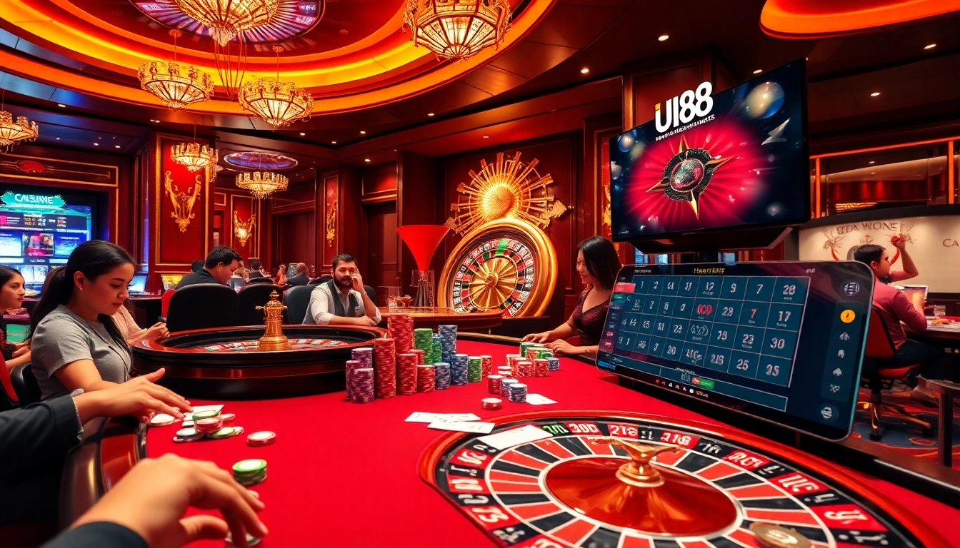 uu88 players engaged at a glamorous casino table with vibrant poker chips and cards.