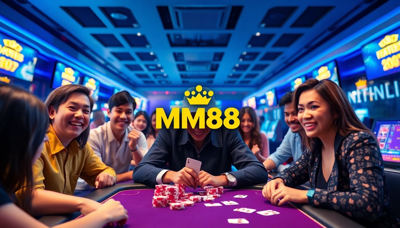 Exciting gaming scene at MM88 agency showcasing diverse players engaging in sports betting and casino games.