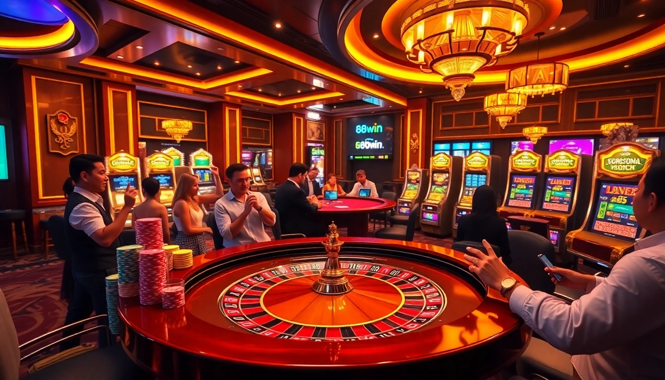 Experience the excitement of winning at 68win with vibrant slot machines and roulette tables.