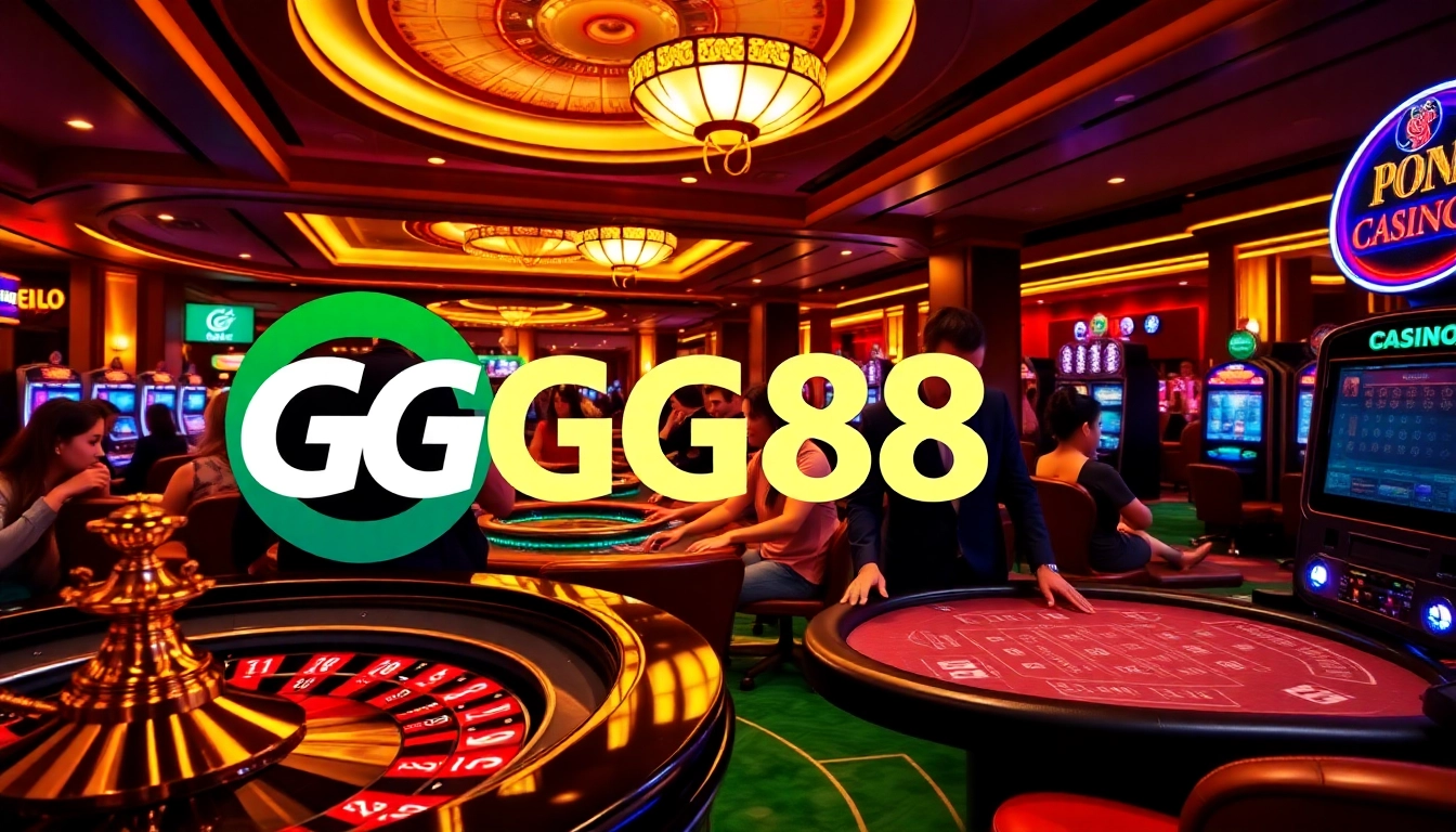 Players enjoying a dynamic casino experience featuring the GG88 logo, with exciting gaming tables and vivid ambience.