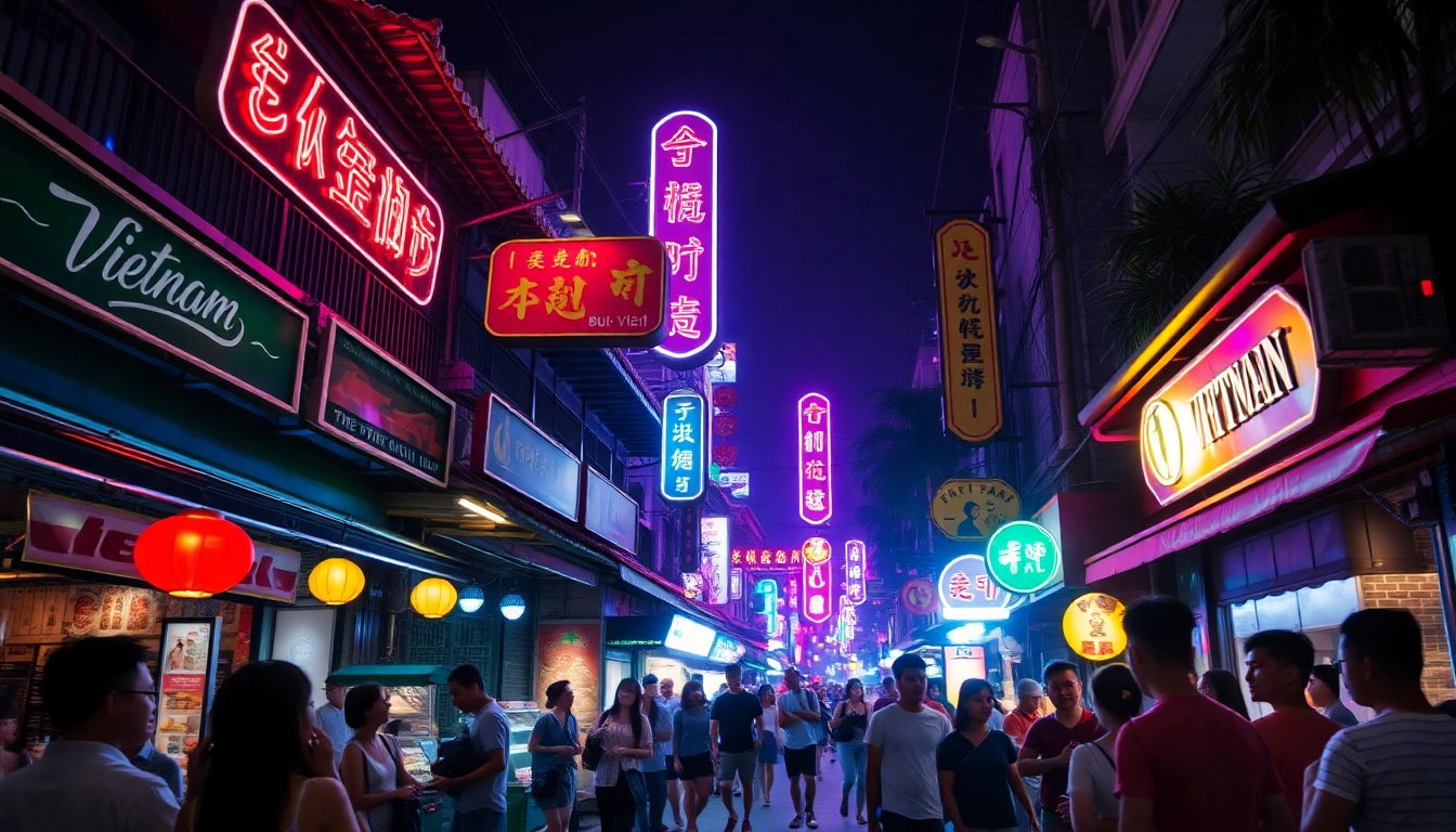 Exploring 베트남밤문화 with vibrant street bars and neon lights in Vietnam's nightlife.