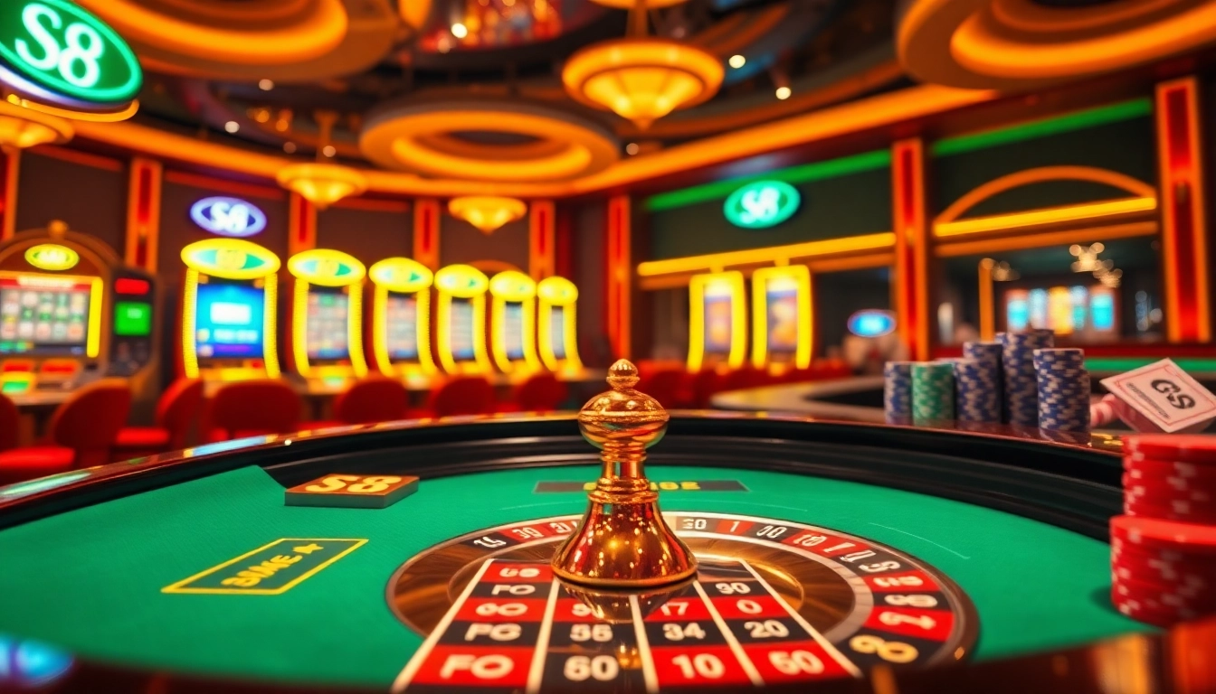 Experience the thrill of S8 casino gaming with vibrant roulette tables and glowing slot machines.