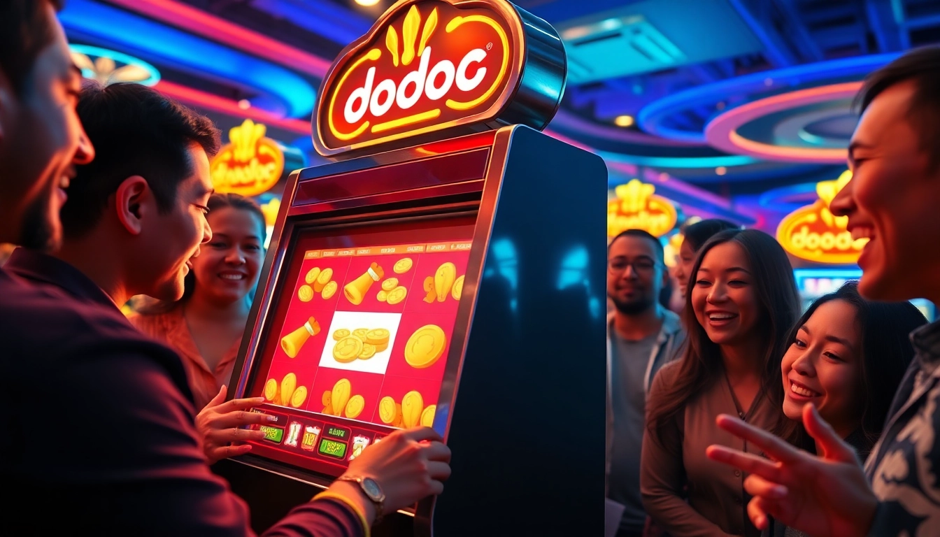 Exciting casino scene with doaslot slot machine and diverse players highlighting vibrant gaming action.