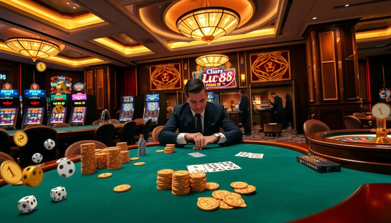 Players winning big at Lu88 with vibrant slots and poker tables in a luxurious casino.