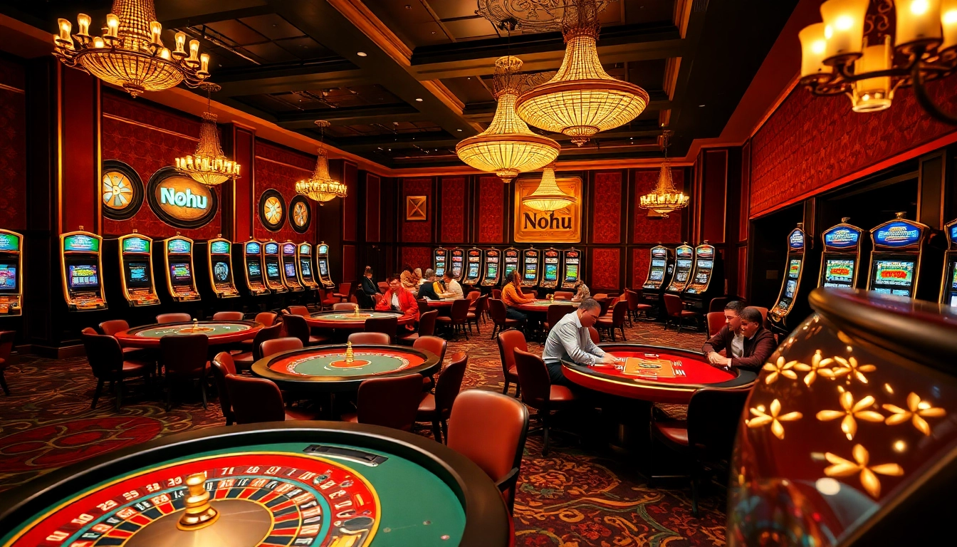 Nohu-themed casino scene with players enjoying roulette and blackjack tables.