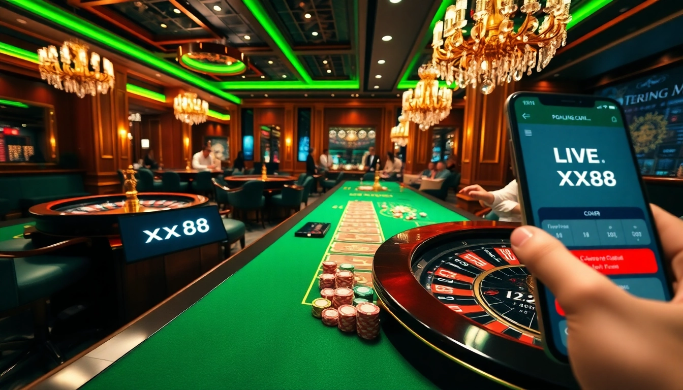 Players engaging in a luxurious casino experience at xx88 with roulette and online betting.