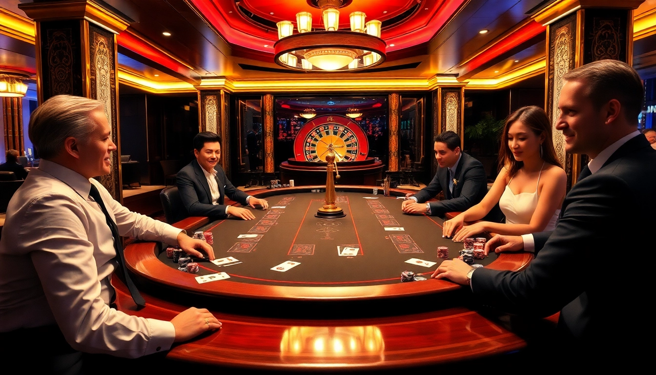 Players strategizing at a sophisticated GO8 poker table, illustrating high-stakes excitement.