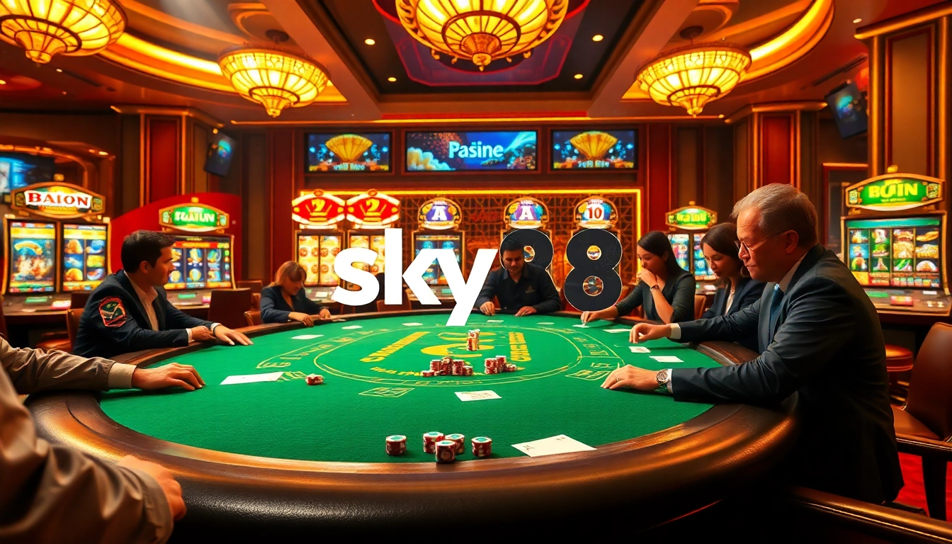 Engaging poker game at nhà cái sky88 with vibrant tables and luxurious casino atmosphere.