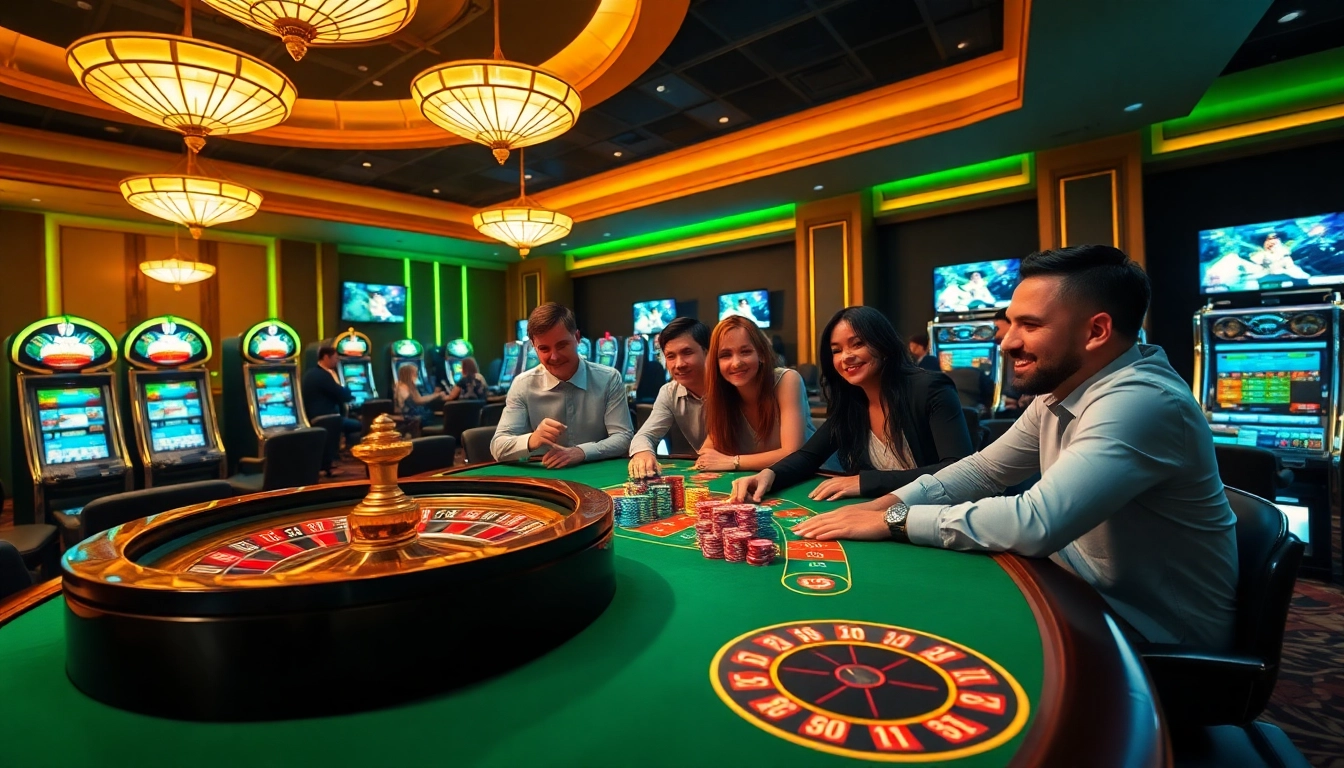 SBOBET players engaged in an exhilarating poker game at a luxurious casino with vibrant chips and roulette.