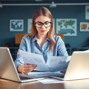 Księgowość dla firmy transportowej przedstawiona w nowoczesnym biurze z księgowym pracującym nad raportami finansowymi.