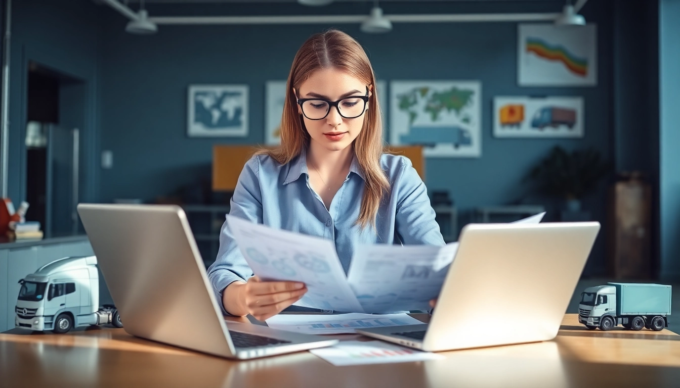 Księgowość dla firmy transportowej przedstawiona w nowoczesnym biurze z księgowym pracującym nad raportami finansowymi.