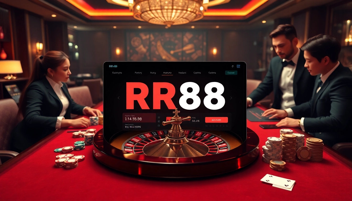 Engaging scene of online gambling with RR88 visuals, showcasing a roulette table and poker chips.