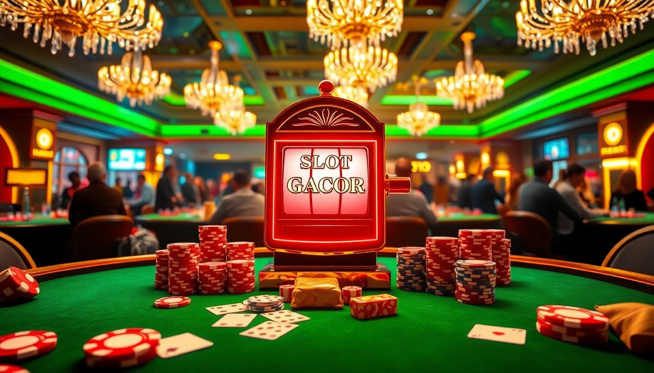 Experience a thrilling casino atmosphere with the Slot Gacor machine, illuminated among poker chips and cards.