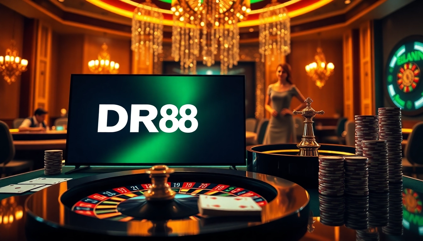 Experience the thrilling atmosphere of DR88 online gambling with vibrant casino visuals.