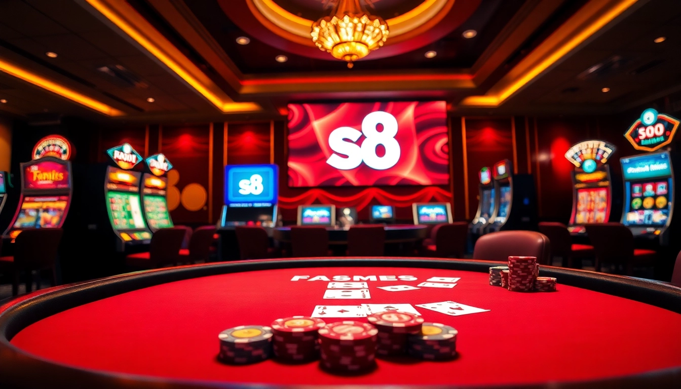 S8 game themed poker table with vibrant chips and cards, capturing casino excitement.