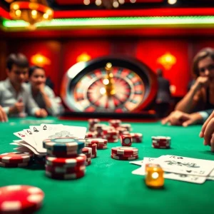 Exciting casino atmosphere at f168.news with vibrant poker chips and cards.