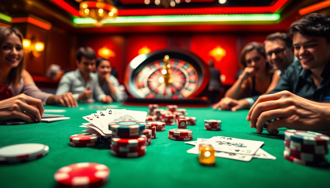 Exciting casino atmosphere at f168.news with vibrant poker chips and cards.