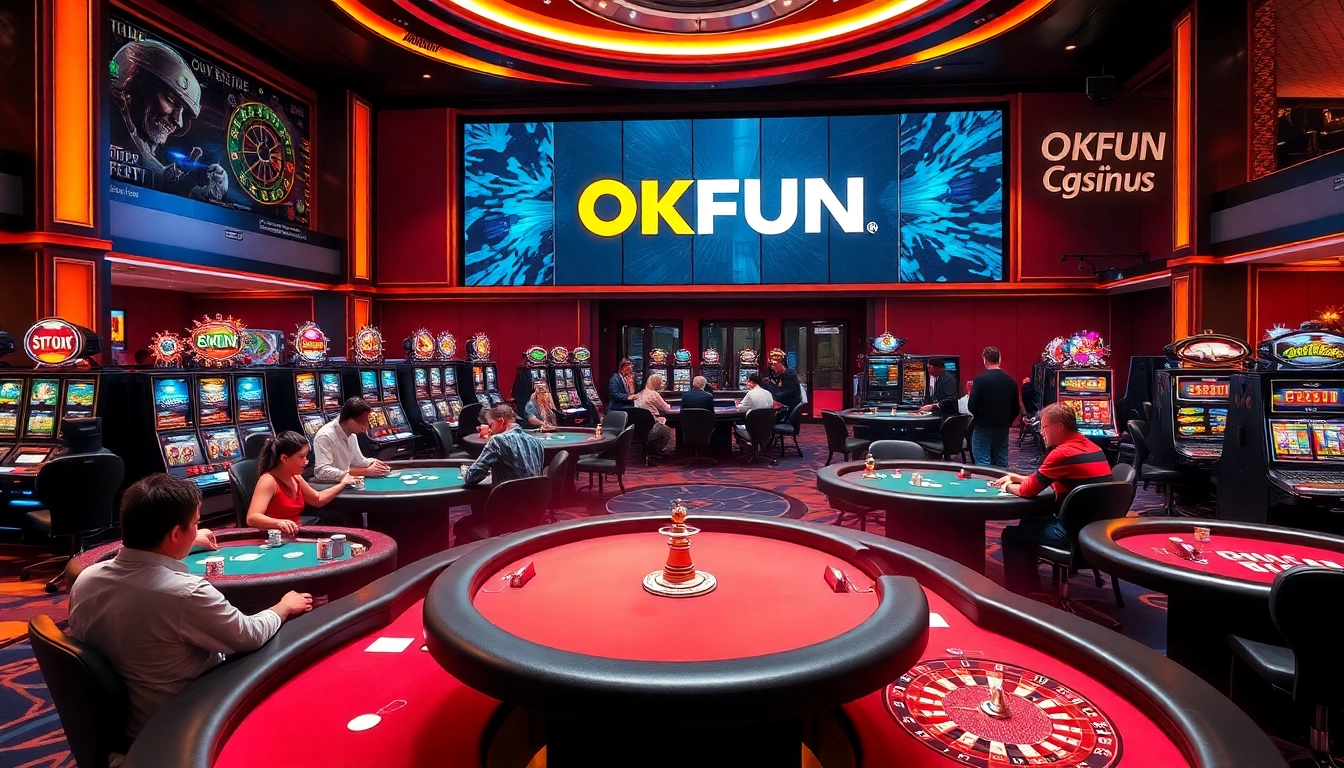 Experience exciting gaming action at OKFUN with dynamic casino tables and vibrant slot machines.