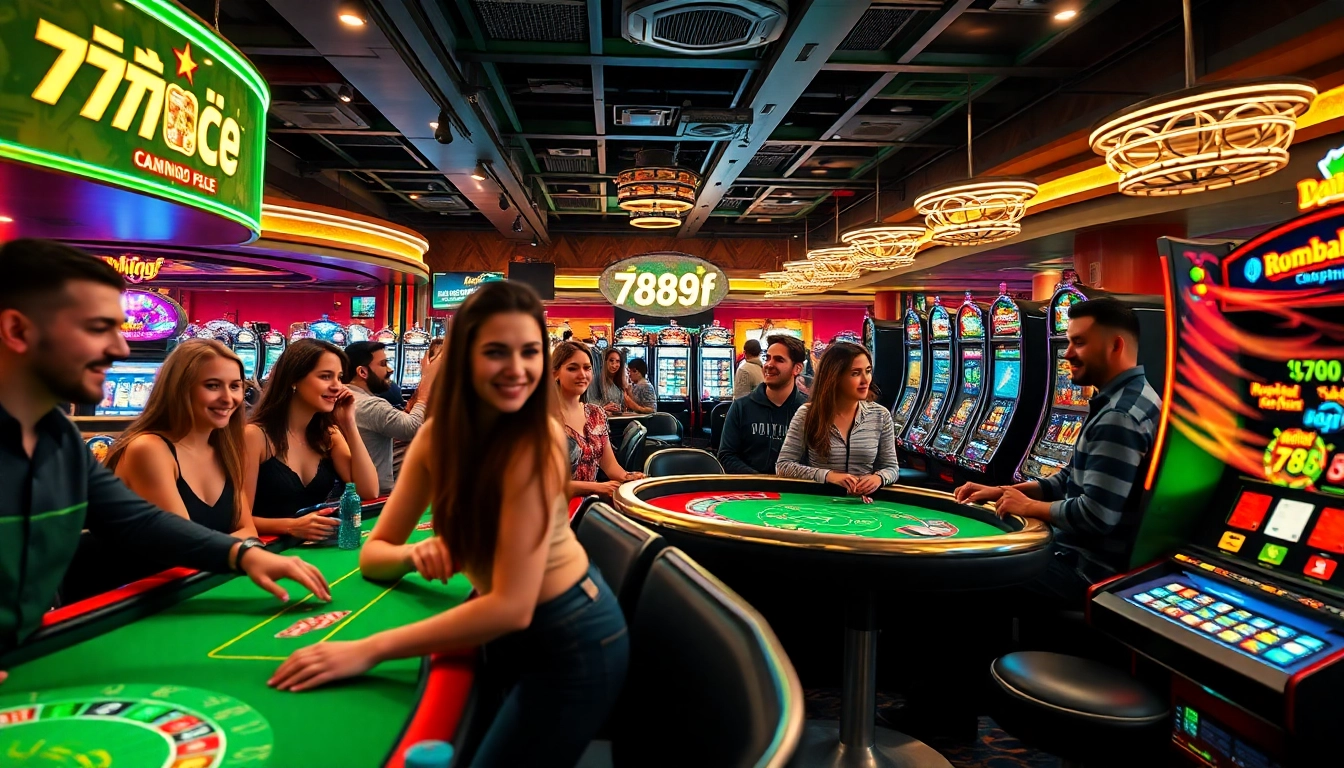 Exciting casino scene featuring diverse players enjoying games like poker and roulette at 789f tables.