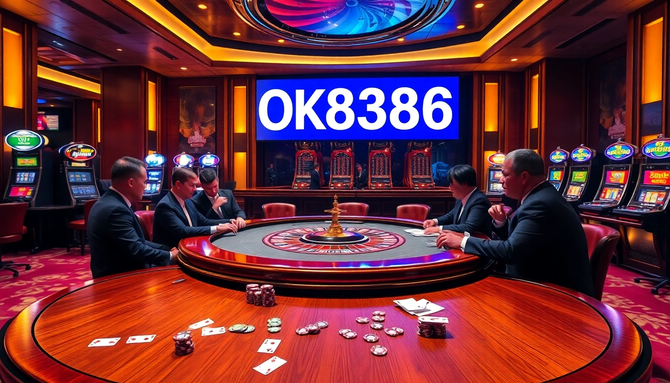 Experience the thrilling ambiance of a casino with players engaged in games at OK8386, featuring roulette wheels and colorful chips.