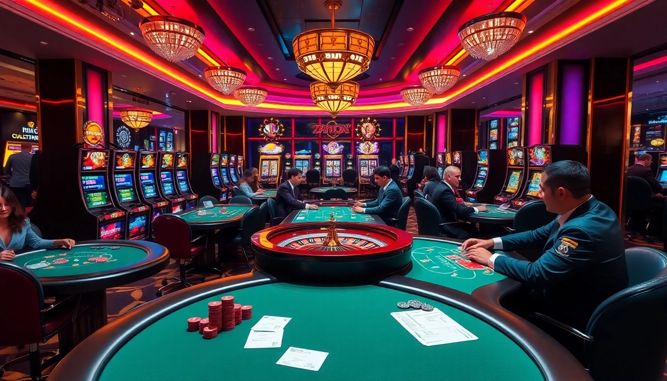 A thrilling casino scene at https://king88us.com/ with vibrant slot machines, poker tables, and roulette wheels.