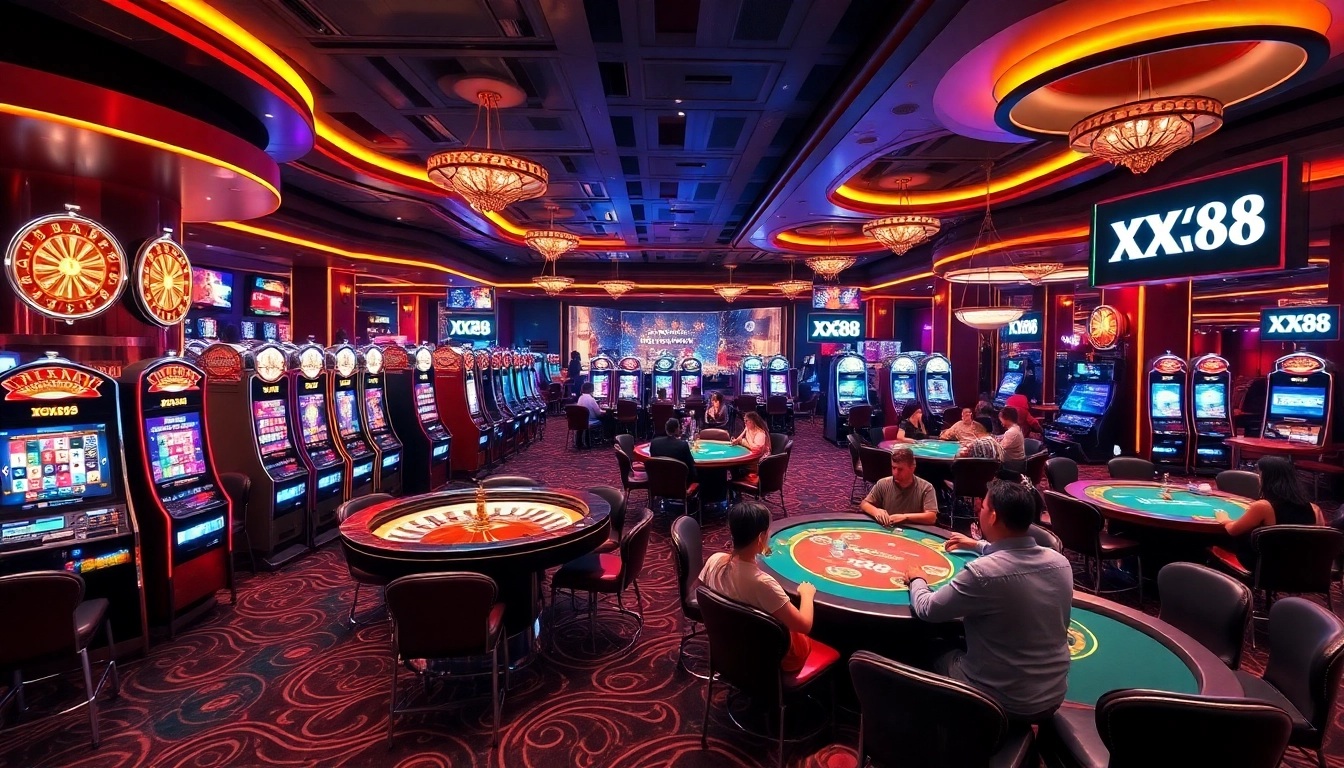Players enjoying thrilling games at XX88 casino, showcasing vibrant slot machines and poker tables.