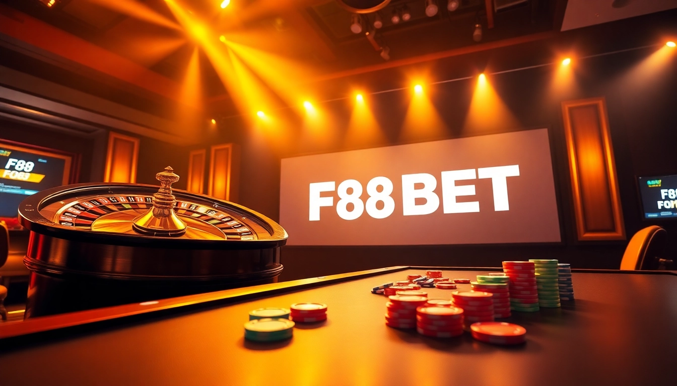 Experience the excitement of F88BET with vibrant casino visuals showcasing poker chips and a roulette wheel.