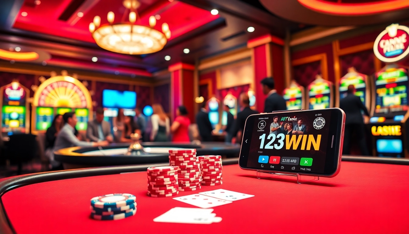 Engaging online gambling experience at nhà cái 123WIN with poker chips and vibrant casino visuals.