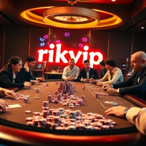 Engaging poker players at a luxurious casino table showcasing rikvip gaming excitement.