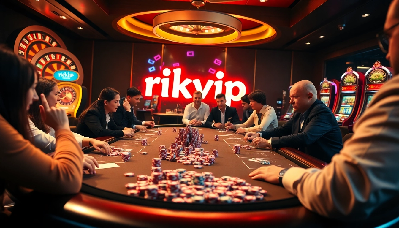 Engaging poker players at a luxurious casino table showcasing rikvip gaming excitement.