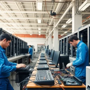 Engaging scene of computer recycling newbury with technicians dismantling old electronics for eco-friendly disposal.