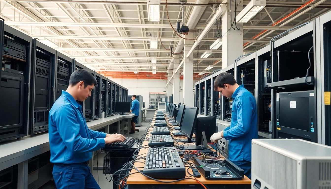 Engaging scene of computer recycling newbury with technicians dismantling old electronics for eco-friendly disposal.