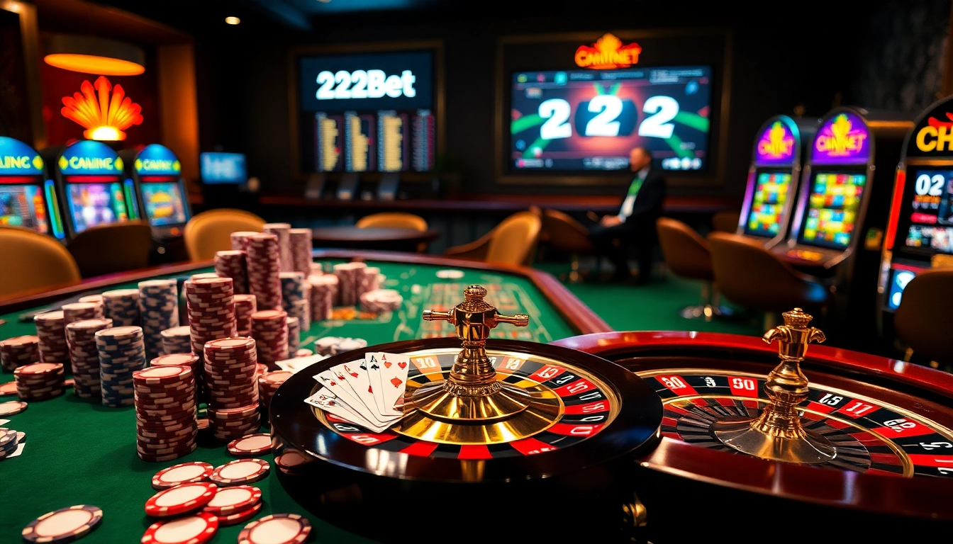 Engage with thrilling casino games at https://22bet.style showcasing a luxurious table with roulette and poker elements.