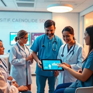 Collaboration in healthcare at lifepp.click with a diverse team using digital solutions.