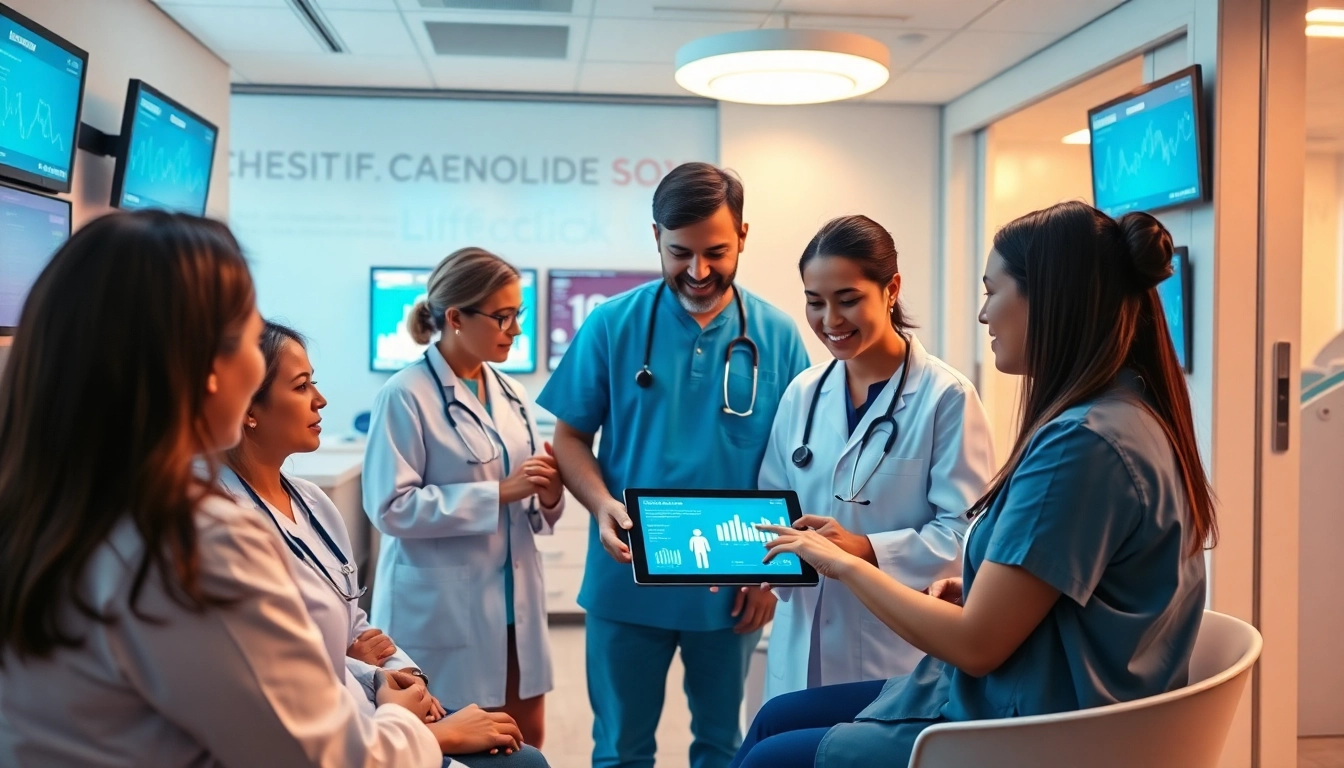 Collaboration in healthcare at lifepp.click with a diverse team using digital solutions.