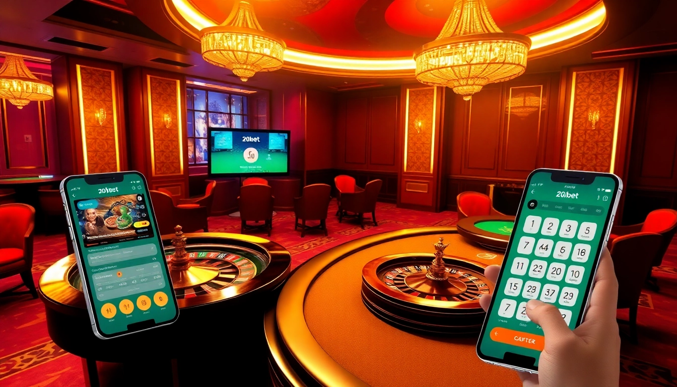 Experience the thrill of casino gaming with the 20bet App, showcasing vibrant tables and mobile betting.